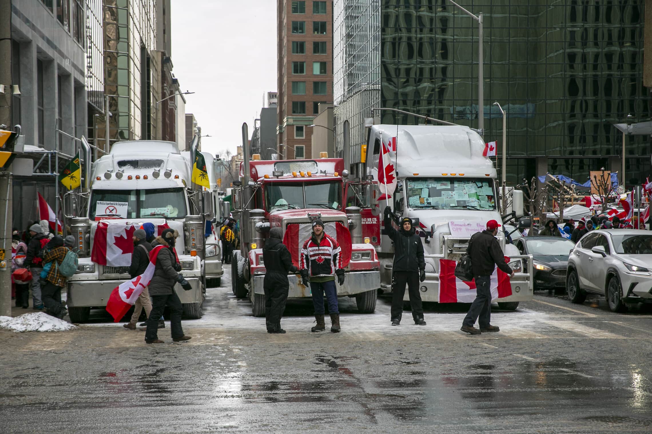 נהגי משאיות חוסמים את הדרך באוטווה, אונטריו, במחאה על חוקי הקורונה בקנדה, 12 בפברואר 2022 (צילום: AP Photo/Ted Shaffrey)