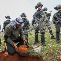 חיילי צה"ל מקיפים חקלאים פלסטינים ופעילי שלום בנטיעות בפר בורין בגדה המערבית. (צילום: Flash90)