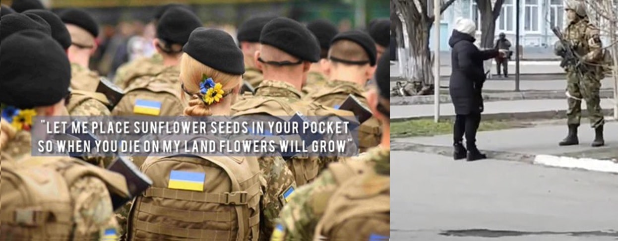 חיילת אוקראינית עונדת פרח חמנייה, והאשה האוקראינית שולחת את החייל הרוסי לשים זרעי חמנייה בכיסים כדי שיצמחו חמניות מקברו, צילומי מסך מן הרשתות