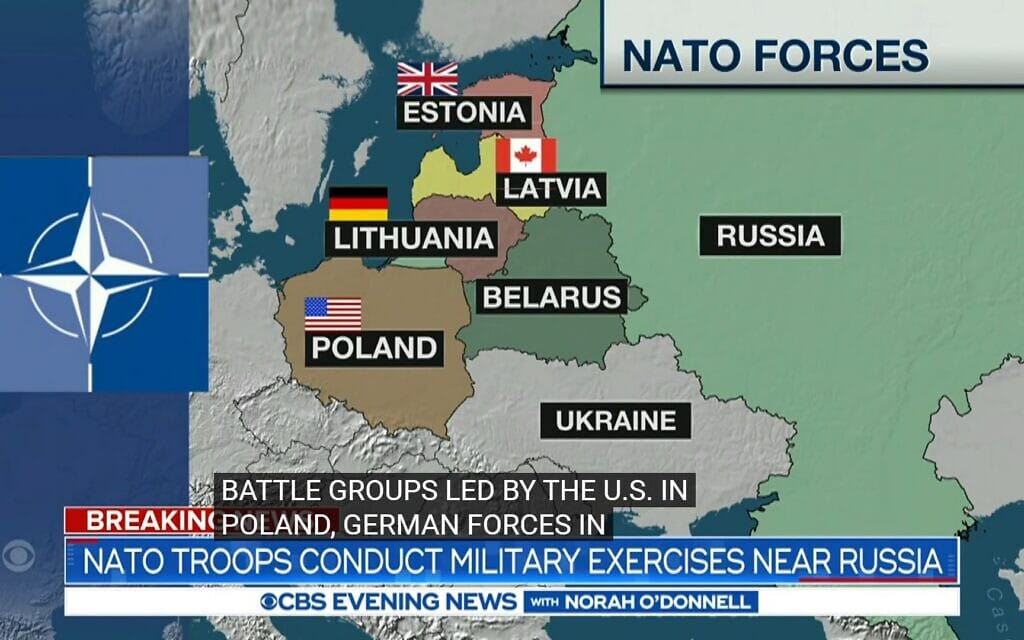 מפת היערכות כוחות נאט"ו באימונים ליד גבולות רוסיה. צילום מסך מ-CBS Evening News