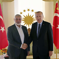 נשיא טורקיה רג'פ טאיפ ארדואן לוחץ יד עם מנהיג חמאס אסמאעיל הנייה בפגישה באיסטנבול, 1 בפברואר 2020 (צילום: Presidential Press Service via AP)
