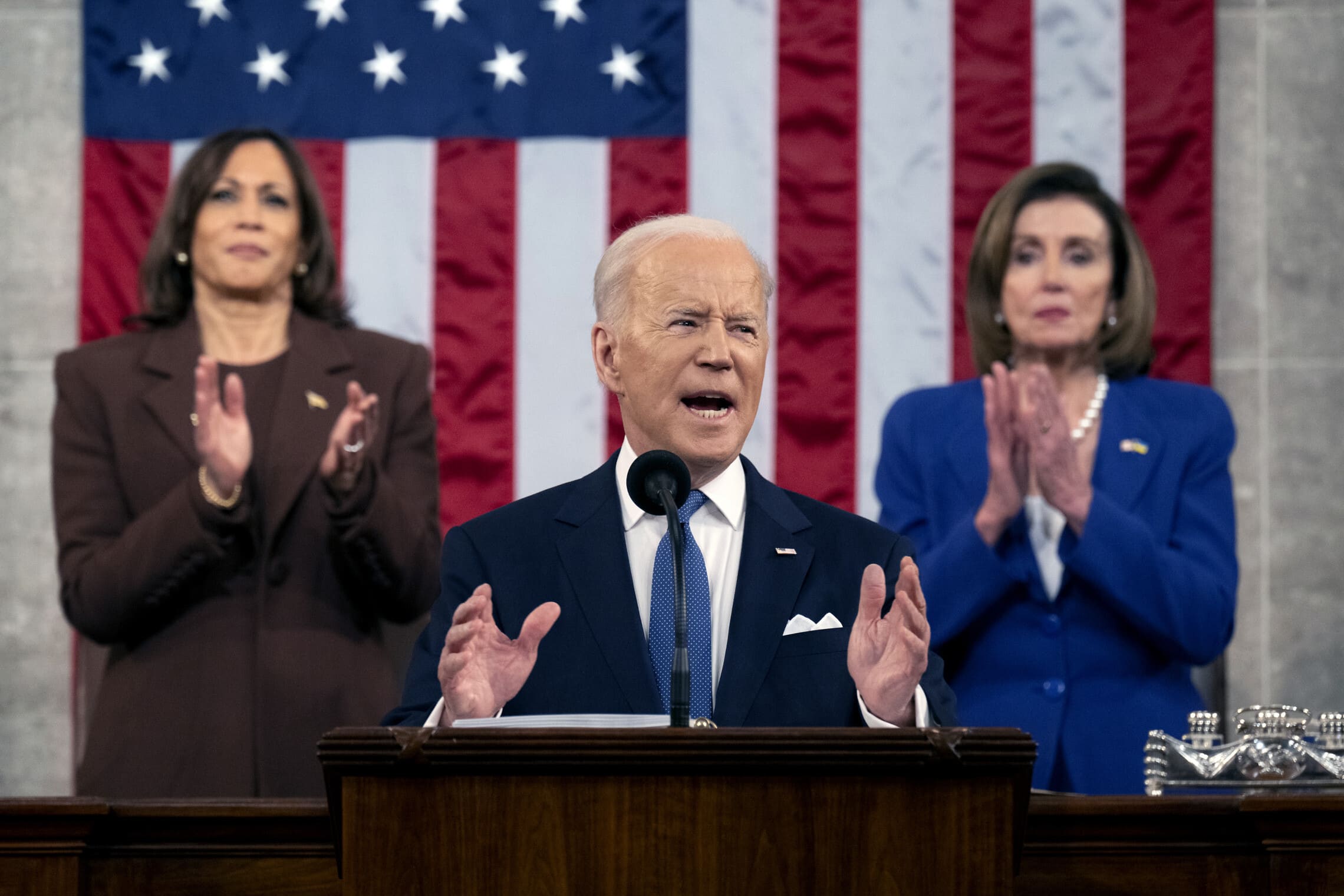 נשיא ארה"ב ג'ו ביידן בנאום מצב האומה בקונגרס, 1 במרץ 2022 (צילום: Saul Loeb, Pool via AP)