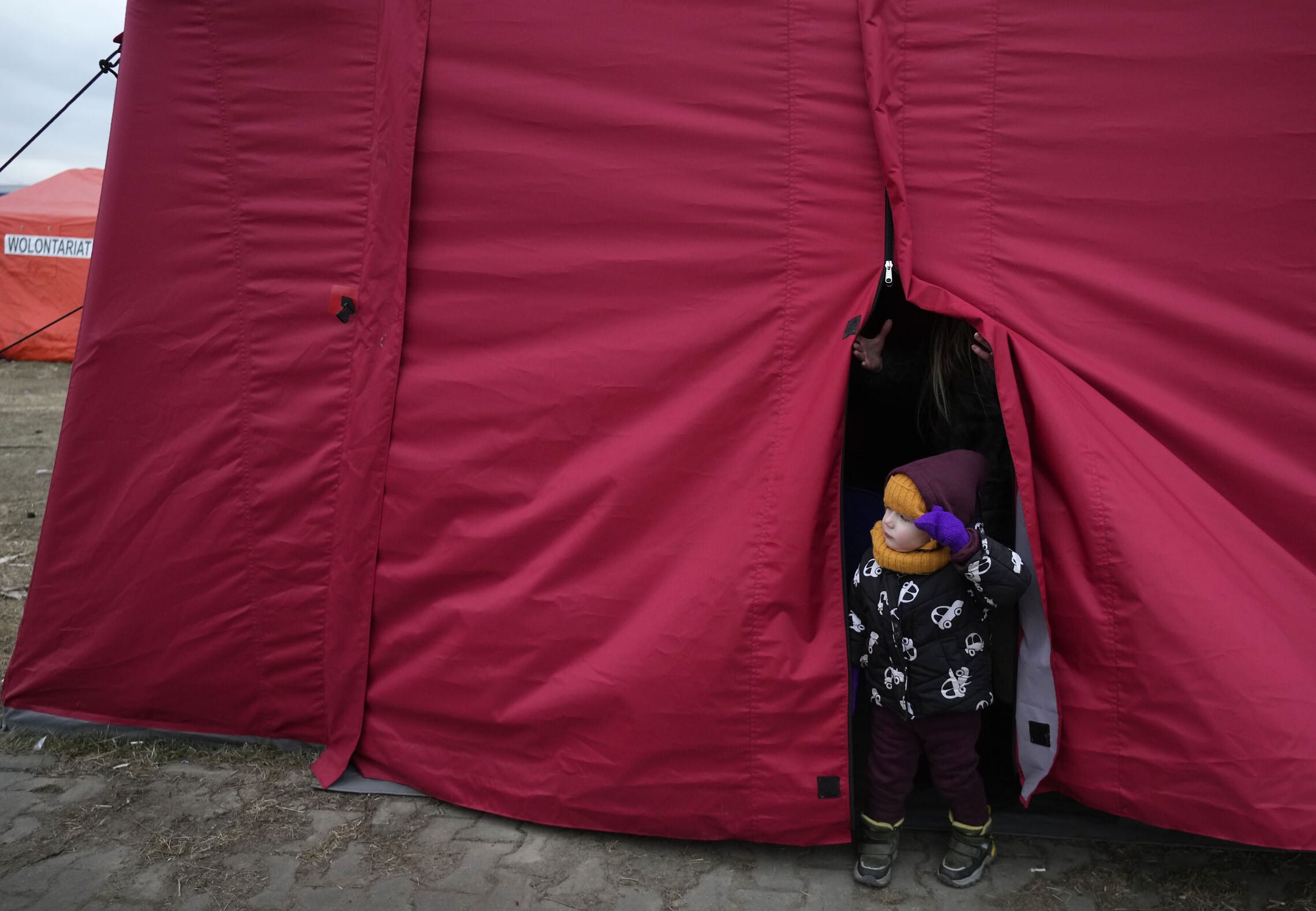 ילד שנמלט מאוקראינה מציץ מהאוהל שבו הוא נמצא במרכז סיוע בפשמישל שבפולין, 8 במרץ 2022 (צילום: Czarek Sokolowski, AP)