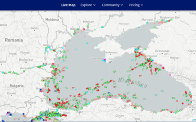 תנועה ימית בים השחור, 5 במרץ 2022, המפה מאתר marinetraffic