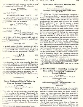 עמוד השאר של המחקר על &quot;פליטות ספונטניות של ניטרונים מאורניום&quot;, שהתקבל לפרסום ב־18 במאי, 1942, אבל נשאר חסוי עד 1946 (צילום: אוסף גרטרוד ס. גולדהבר, מכון ליאו בק)