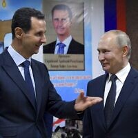 נשיא רוססיה ולדימיר פוטין ונשיא סוריה בשאר אל-אסד בפגישה בדמשק, ינואר 2020 (צילום: Alexei Druzhinin, Sputnik, Kremlin Pool Photo via AP)