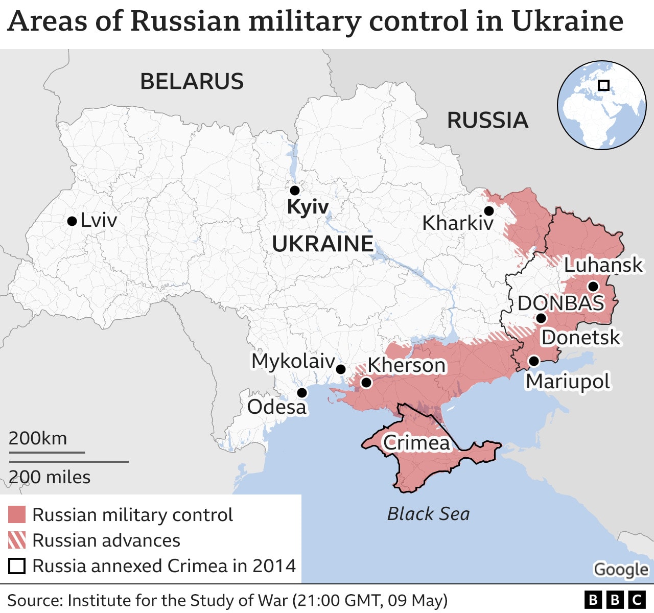 מפת המלחמה באוקראינה ב-9 במאי