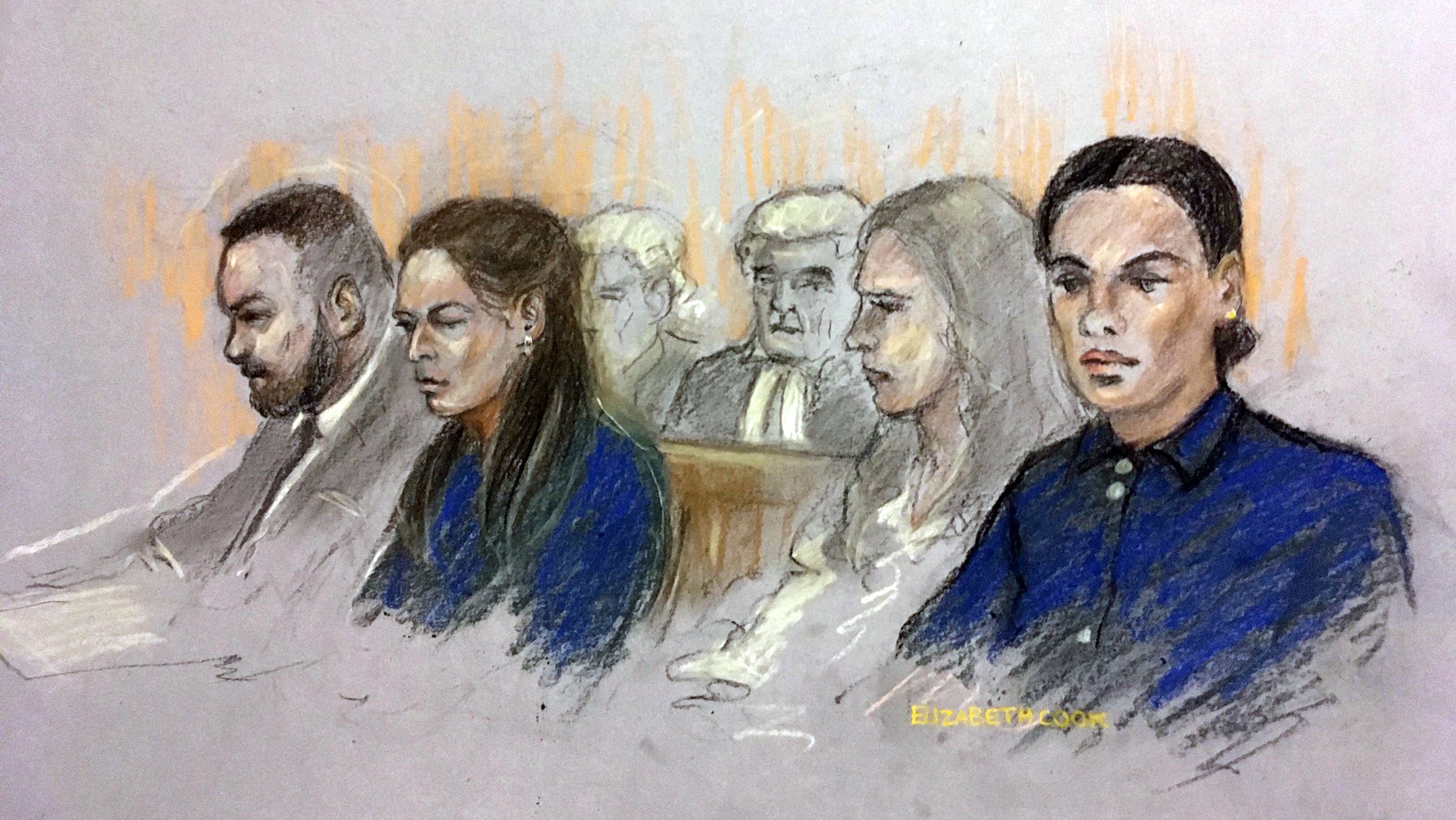 איור מבית המשפט: מימין, רבקה וארדי. משמאל: ויין וקולי רוני (צילום: Elizabeth Cook/PA via Alamy)