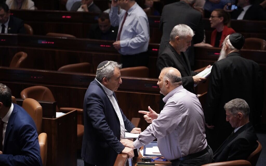 מנסור עבאס וזאב אלקין במליאת הכנסת, 23 במאי 2023 (צילום: דני שם טוב, דוברות הכנסת)