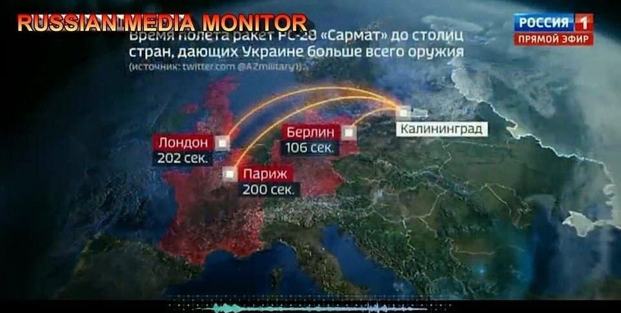 מפת מתקפה אטומית על ערי העולם בתכנית טלוויזיה רוסית &#8211; צילום מסך מהטוויטר של שמחה בלוטניק