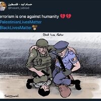 קריקטורה בטוויטר שמציגה את שיתוף הפעולה בין הצבא הישראלי והמשטרה האמריקאית כמדכאות פלסטינים בישראל ושחורים בארה"ב