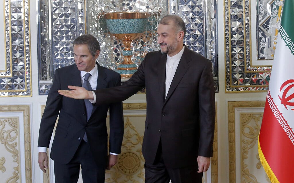 שר החוץ של איראן חוסיין אמיר עבדוללהיאן מקבל את פניו של ראש סבא"א רפאל גרוסי בטהראן, 5 במרץ 2022 (צילום: AP Photo)