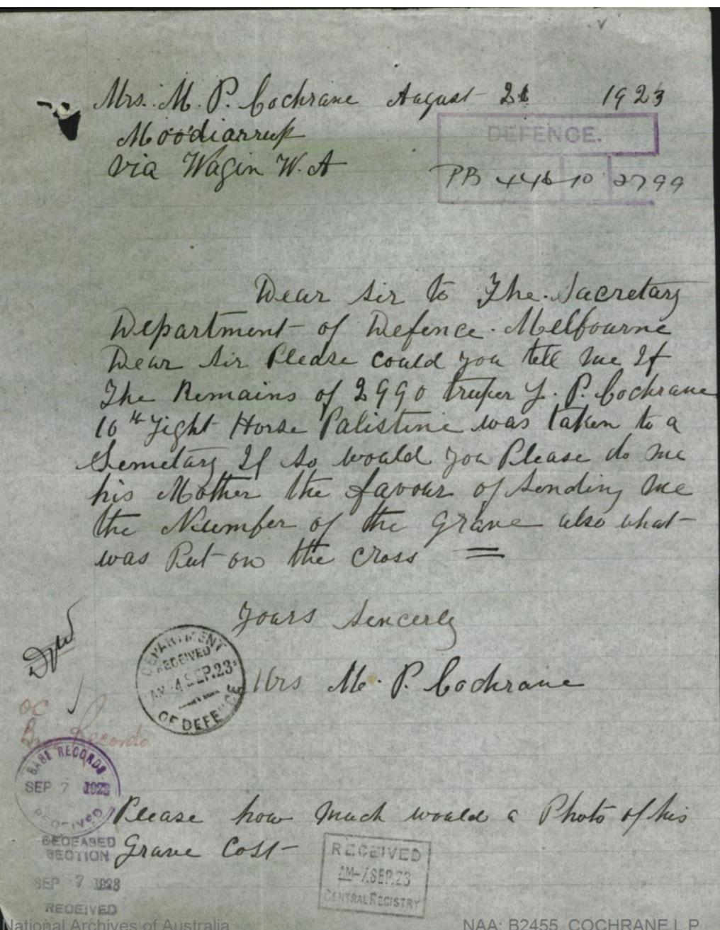 מכתב שכתבה אמו של לאודן פארק קוקריין, בו היא מבקשת ממחלקת ההגנה האוסטרלית מידע על מקום קבורתו (צילום: באדיבות משפחת קוקריין)