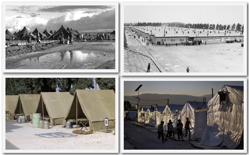 אסוסיאציות של מחנות: מחנה הריכוז דכאו ב-1945, מחנה עולים בפרדס חנה ב-1950, מחנה פליטים בלבנון, ומחנה צבאי לדוגמה. (צילום: מוזיאון השואה בארה&quot;ב, לע&quot;מ, איי-פי, ויקיפדיה)
