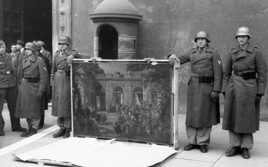 חיילים גרמנים מהאוגדה של הרמן גרינג לפני ארמון ונציה ברומא עם ציור של ג&#039;ובאני פאולו פניני שנלקח מספריית המוזאון הלאומי של נאפולי, 4 בינואר 1944 (צילום: הארכיון הפדרלי של גרמניה, CC BY-SA 3.0)