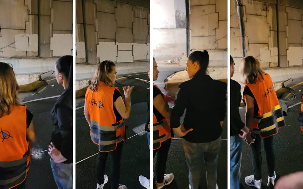  תמונות שהפיצה מפלגת העבודה לכתבים אחרי ביקור שרת התחבורה מרב מיכאלי בזירת הבולען שנפער בנתיבי איילון בתל אביב, 17 בספטמבר 2022 (צילום: מפלגת העבודה, מונטז&#039;)