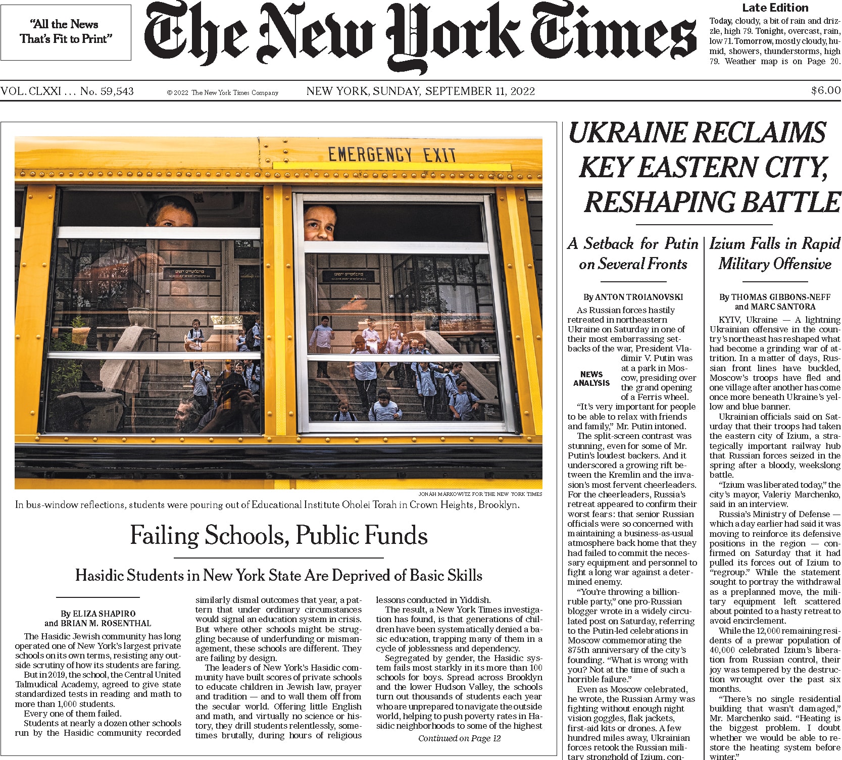 התחקיר על החינוך החסידי על שער ה&quot;ניו יורק טיימס&quot;, 11 בספטמבר 2022