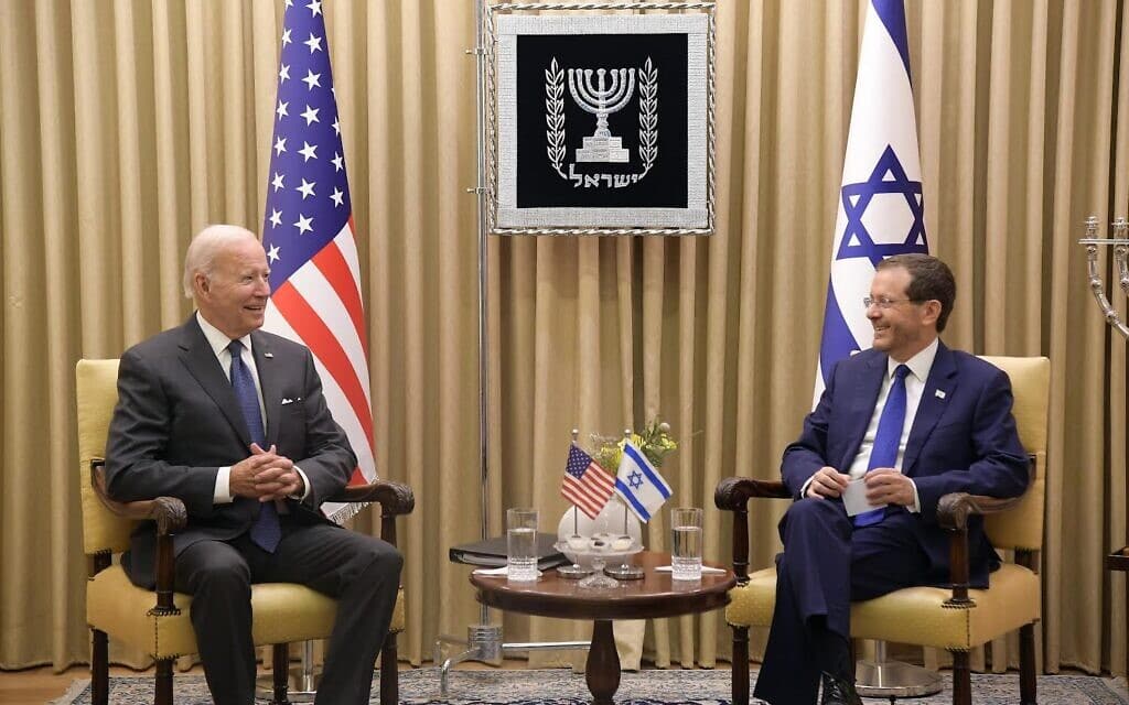 הנשיא יצחק הרצוג וג&#8217;ו ביידן בבית הנשיא בירושלים, 14 ביולי 2022 (צילום: חיים צח, לע&quot;מ)