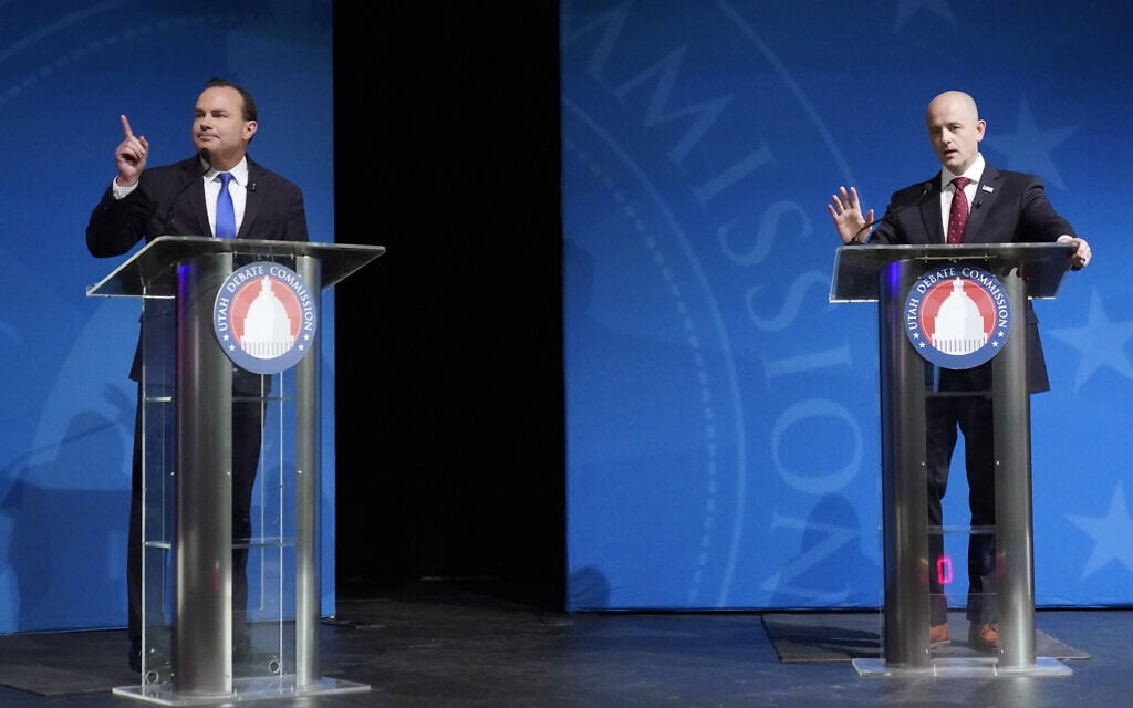 עימות בחירות ביוטה בין הסנאטור מייק לי (משמאל) והמועמד אוון מקמלין, 18 באוקטובר 2022 (צילום: AP Photo/Rick Bowmer)