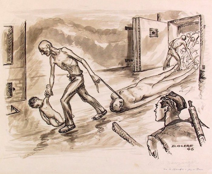שורד השואה והצייר דוד אולר בציור המראה אסירים גוררים גופות מתאי הגזים (צילום: מוזיאון אושוויץ־בירקנאו)