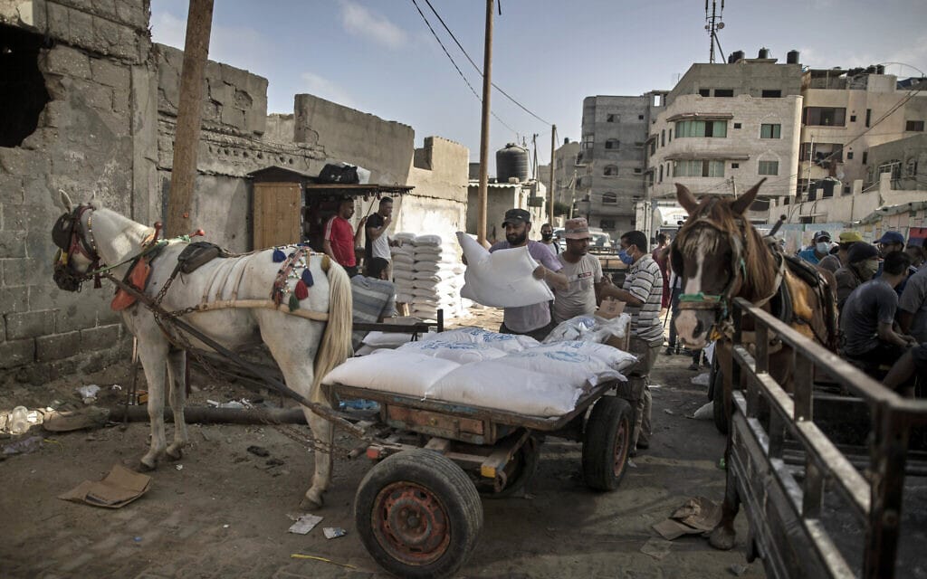 גבר פלסטיני מעמיס על עגלה רתומה לסוס שקי קמח שהתקבלו מסוכנות הסעד והתעסוקה של האו&quot;ם (אונר&quot;א), ליד מחסן בעזה, 30 בספטמבר 2020 (צילום: AP Photo/Khalil Hamra)