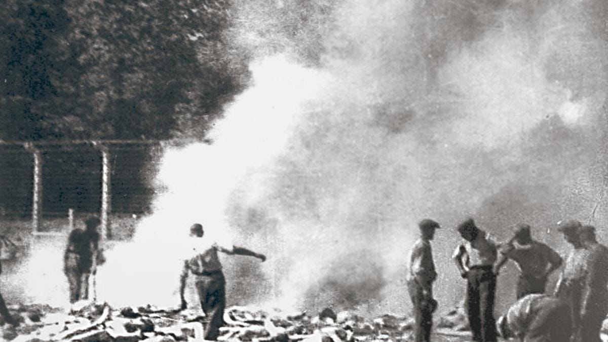 תמונה חשאית שצילם אסיר הזונדרקומנדו בזמן שרפת גופות באושוויץ־בירקנאו (צילום: מוזיאון אושוויץ־בירקנאו)