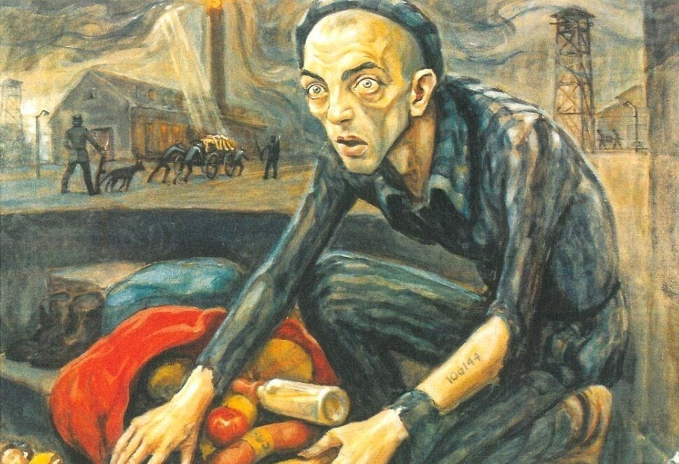 הצייר ושורד השואה דוד אולר, צייר את עצמו במחנה ההשמדה אושוויץ־בירקנאו אחרי ששרד את הזוועות (צילום: מוזיאון אושוויץ־בירקנאו)