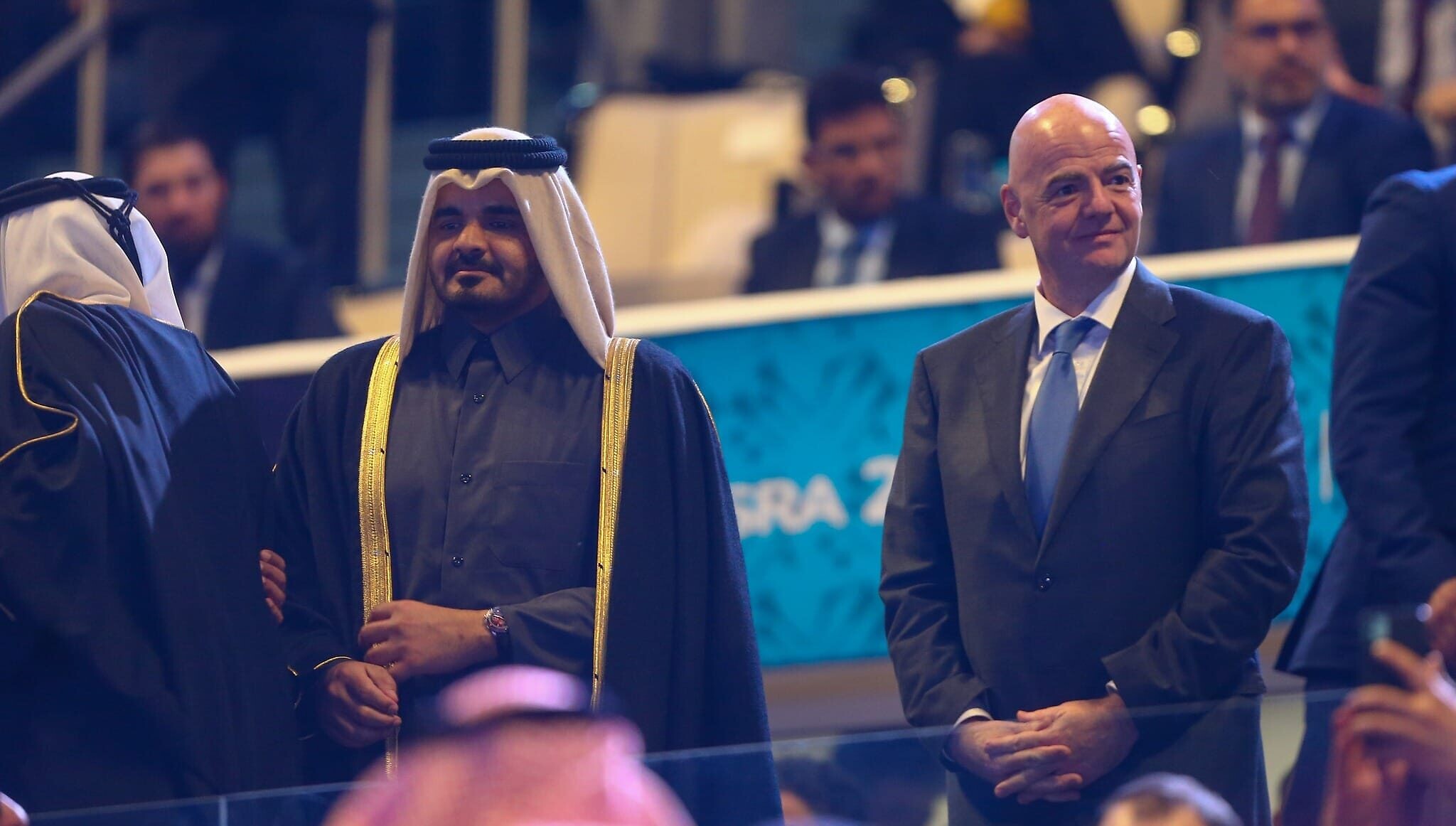נשיא פיפ"א ג'ובאני אינפנטינו במשחק הפתיחה של "גביע המפרץ הערבי", 6 בינואר 2023 (צילום: מתוך עמוד הפייסבוק הרשמי של AGCFF)
