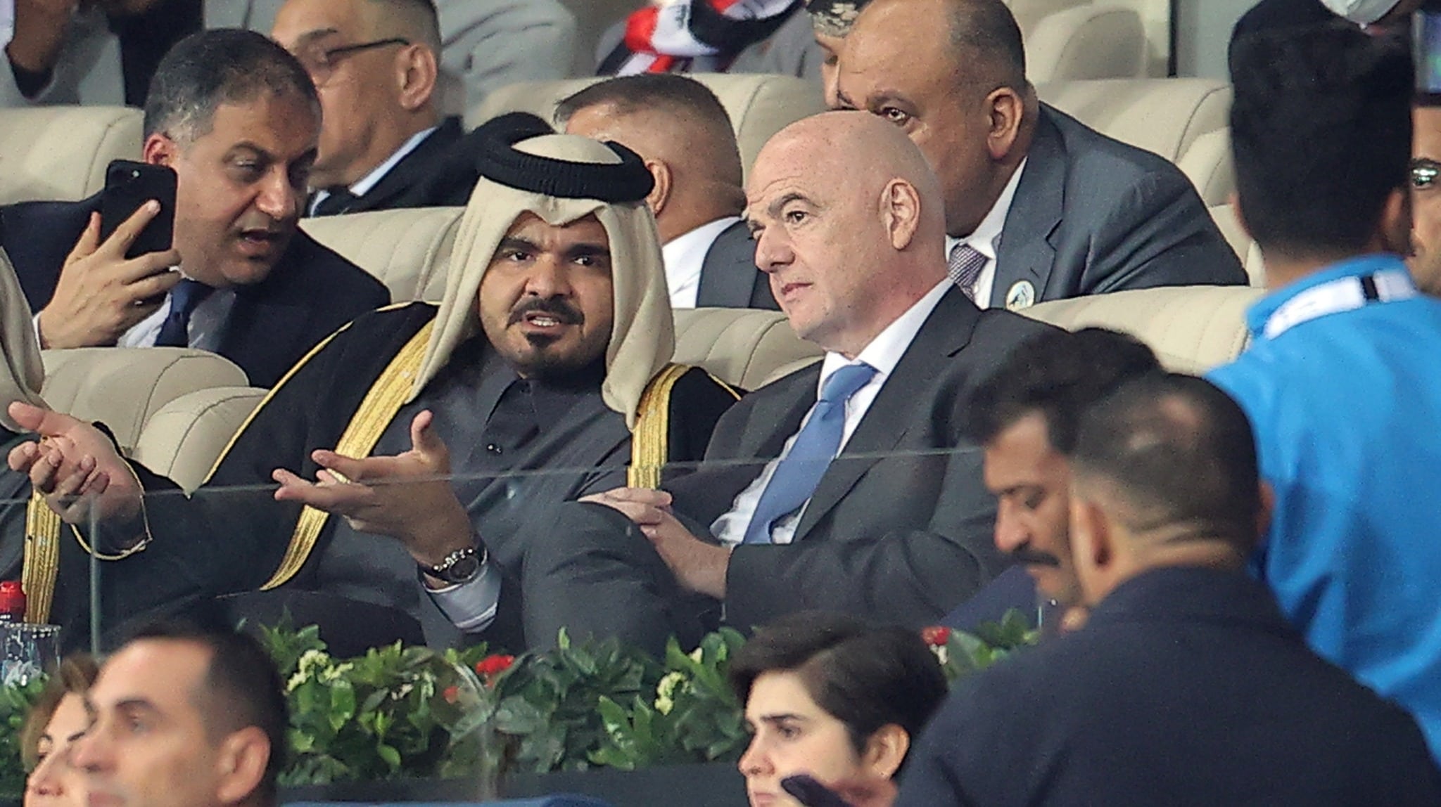 נשיא פיפ&quot;א ג&#039;ובאני אינפנטינו במשחק הפתיחה של &quot;גביע המפרץ הערבי&quot;, 6 בינואר 2023 (צילום: מתוך עמוד הפייסבוק הרשמי של AGCFF)