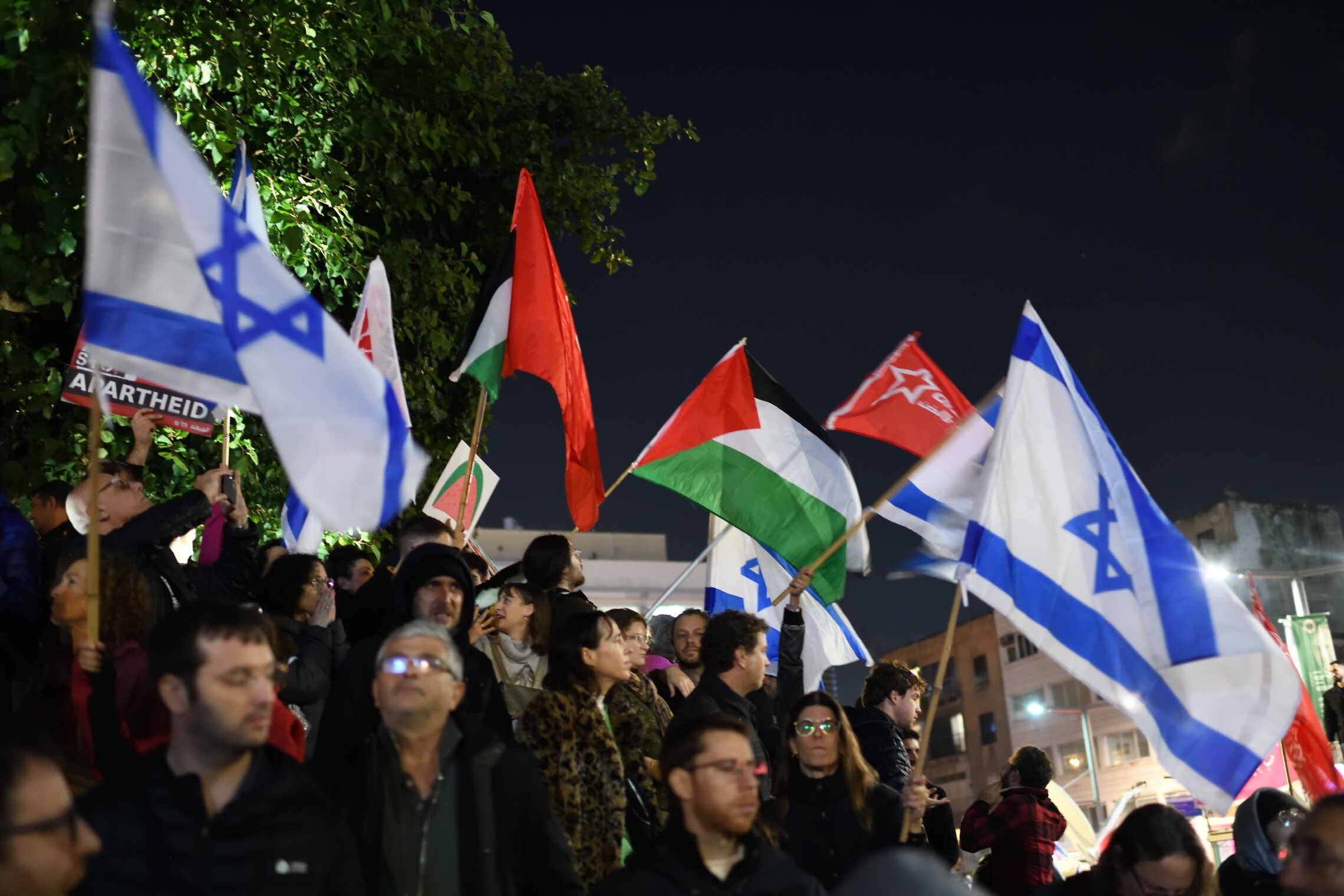דגלי פלסטין בהפגנה נגד הממשלה בכיכר הבימה, 14 בינואר 2023 (צילום: גילי יערי/פלאש90)
