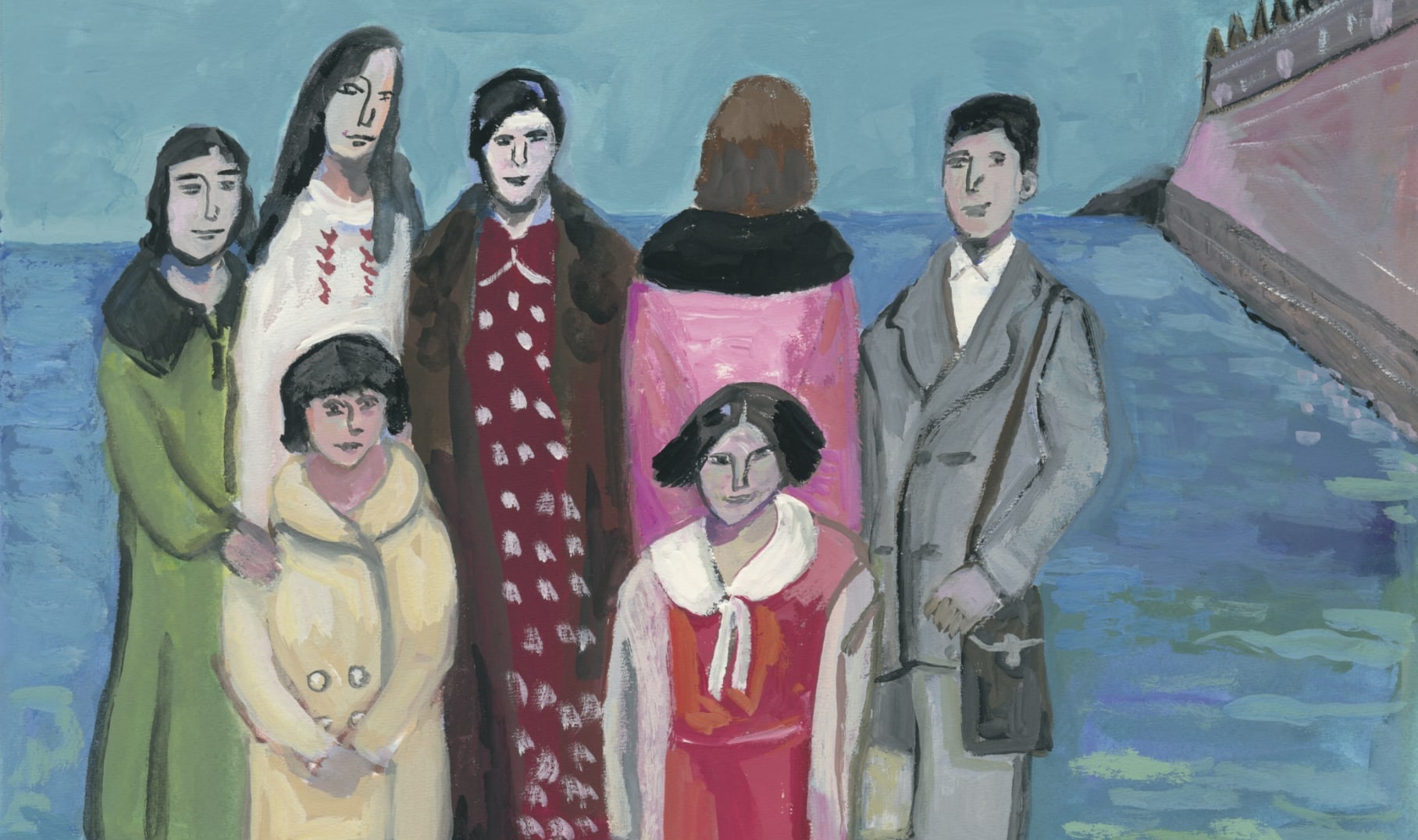 &quot;משפחה ליד הקיר&quot;, איור של מאירה קלמן, מתוך הספר &quot;מאה שבתות&quot; (צילום: Avid Reader Press)