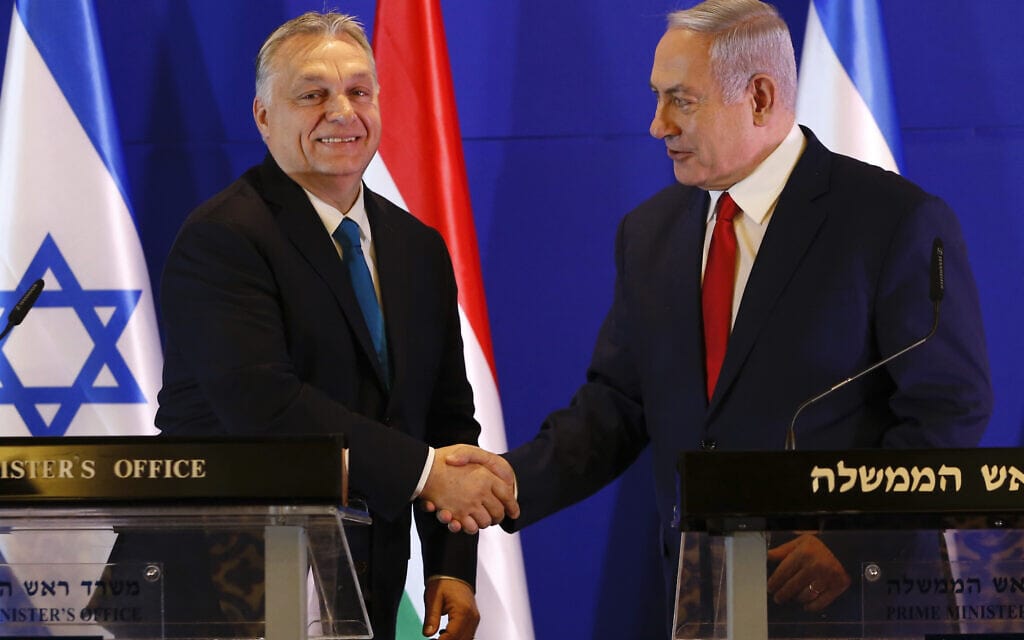 ראש הממשלה בנימין נתניהו עם ראש ממשלת הונגריה ויקטור אורבן במסיבת עיתונאים בירושלים, 19 בפברואר 2019 (צילום: AP Photo/Ariel Schalit, Pool)