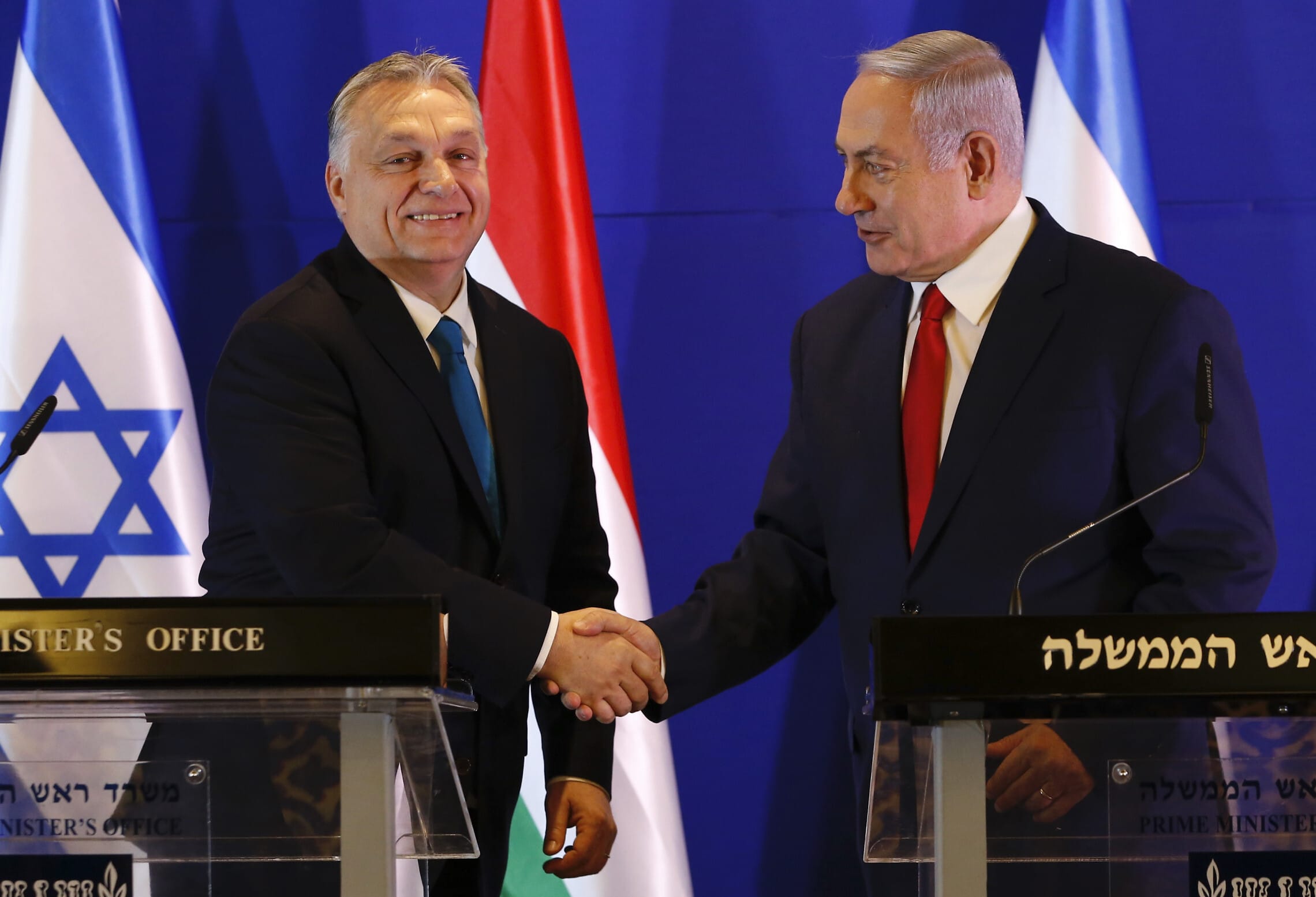 ראש הממשלה בנימין נתניהו עם ראש ממשלת הונגריה ויקטור אורבן במסיבת עיתונאים בירושלים, 19 בפברואר 2019 (צילום: AP Photo/Ariel Schalit, Pool)