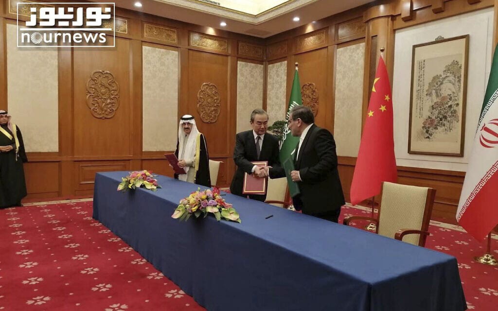 נציגי ערב הסעודית ואיראן בטקס שיקום היחסים בסין, 10 במרץ 2023 (צילום: Nournews vía AP)