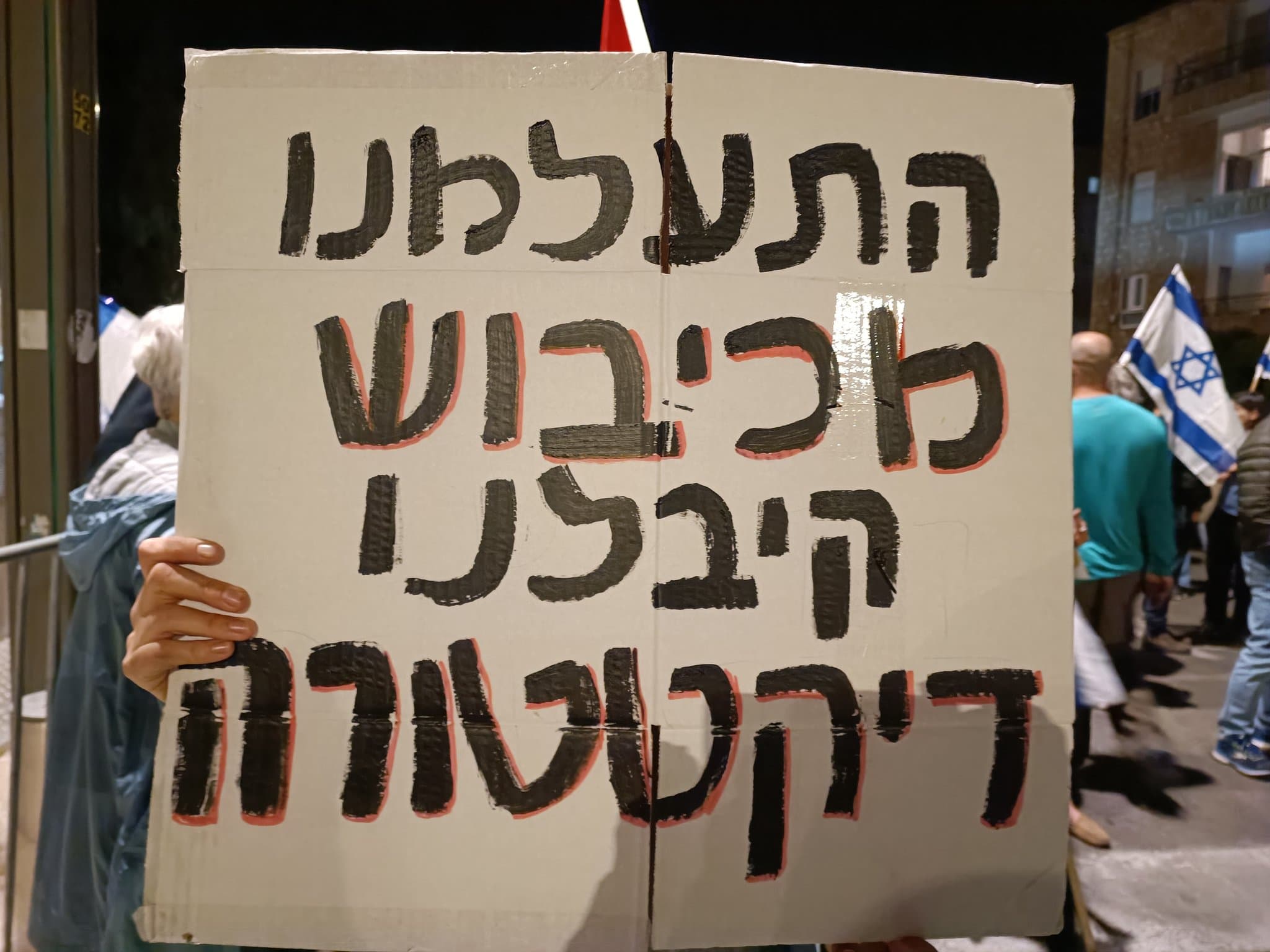 שלט בהפגנה נגד ההפיכה המשפטית (צילום: קרן סער)