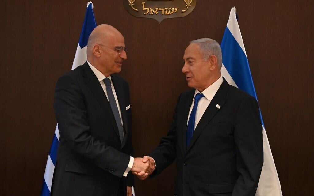 ראש הממשלה בנימין נתניהו וושר החוץ היווני ניקוס דנדיאס בעת ביקורו בישראל, 31 בינואר 2023 (צילום: חיים צח / לע"מ) ראש הממשלה בנימין נתניהו וושר החוץ היווני ניקוס דנדיאס בעת ביקורו בישראל, 31 בינואר 2023 (צילום: חיים צח / לע"מ)