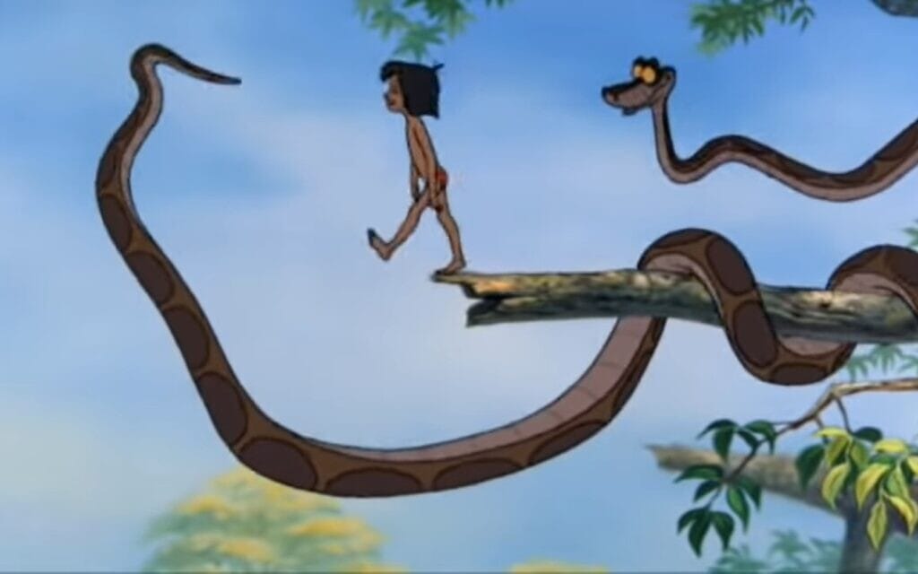 הנחש קא שר למוגלי את שיר ה"סמוך עלי" ומרדים אותו, צילום מסך מספר הג'ונגל