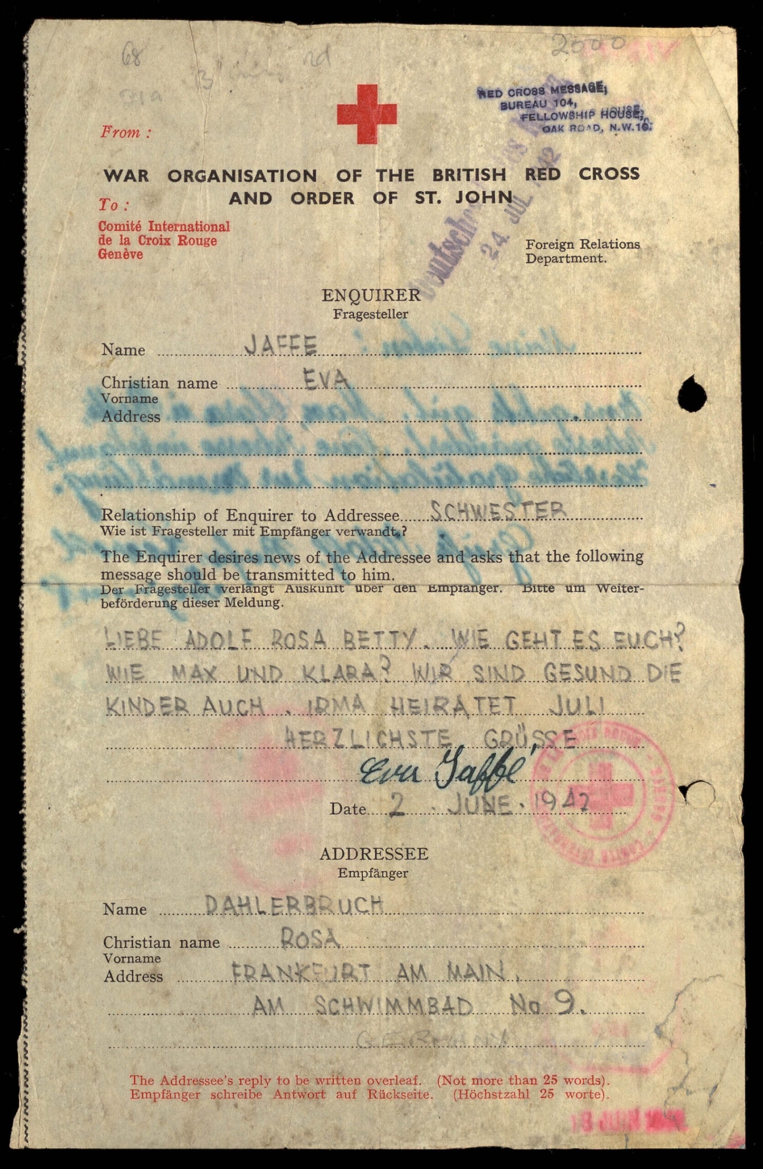 מכתב מאווה יפה לרוזה דאהלברוך, יוני 1942 (צילום: באדיבות דברה יפה)