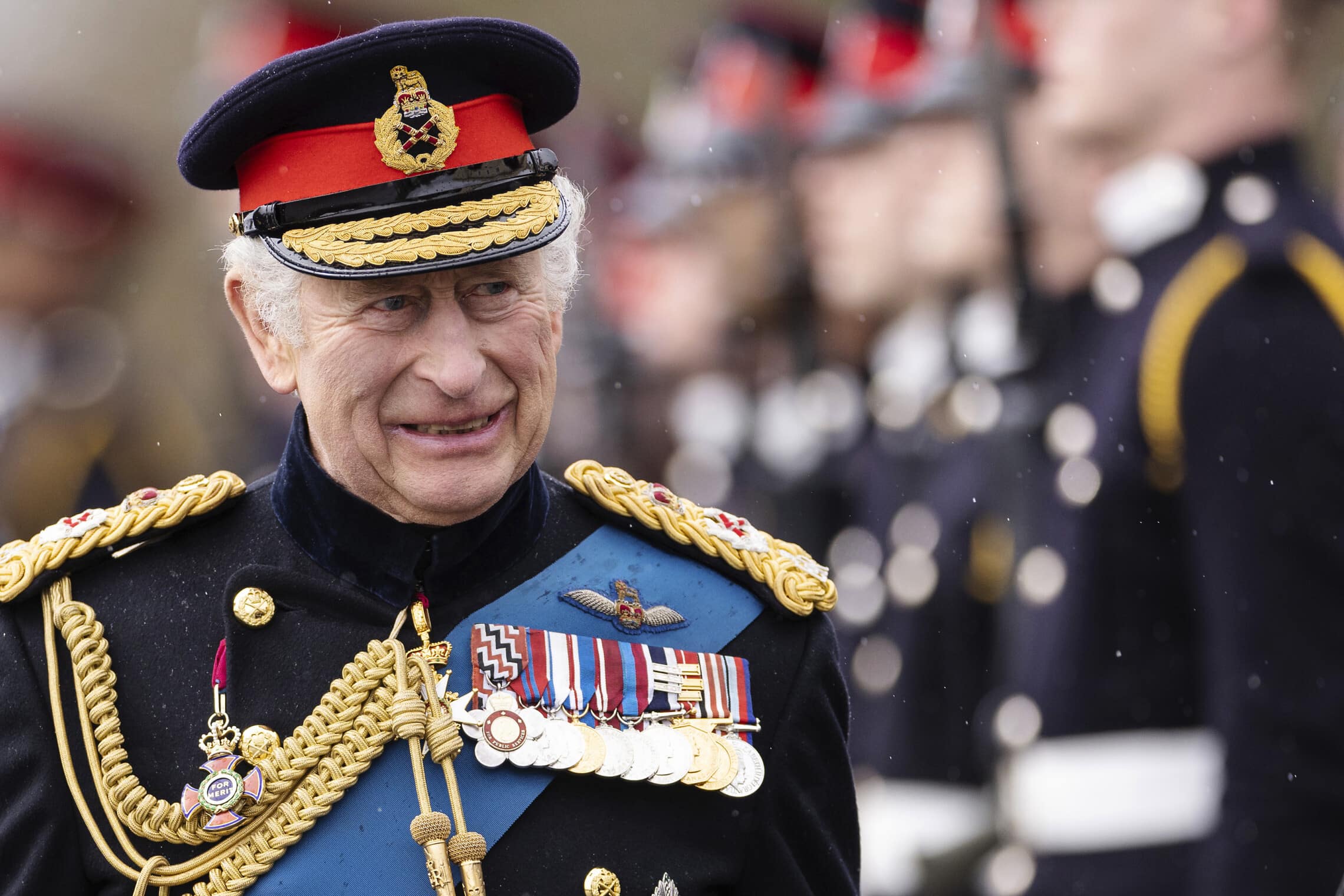 מלך בריטניה צ'ארלס השלישי במצעד של האקדמיה הצבאית המלכותית, 14 באפריל 2023 (צילום: Dan Kitwood/Pool Photo via AP, File)