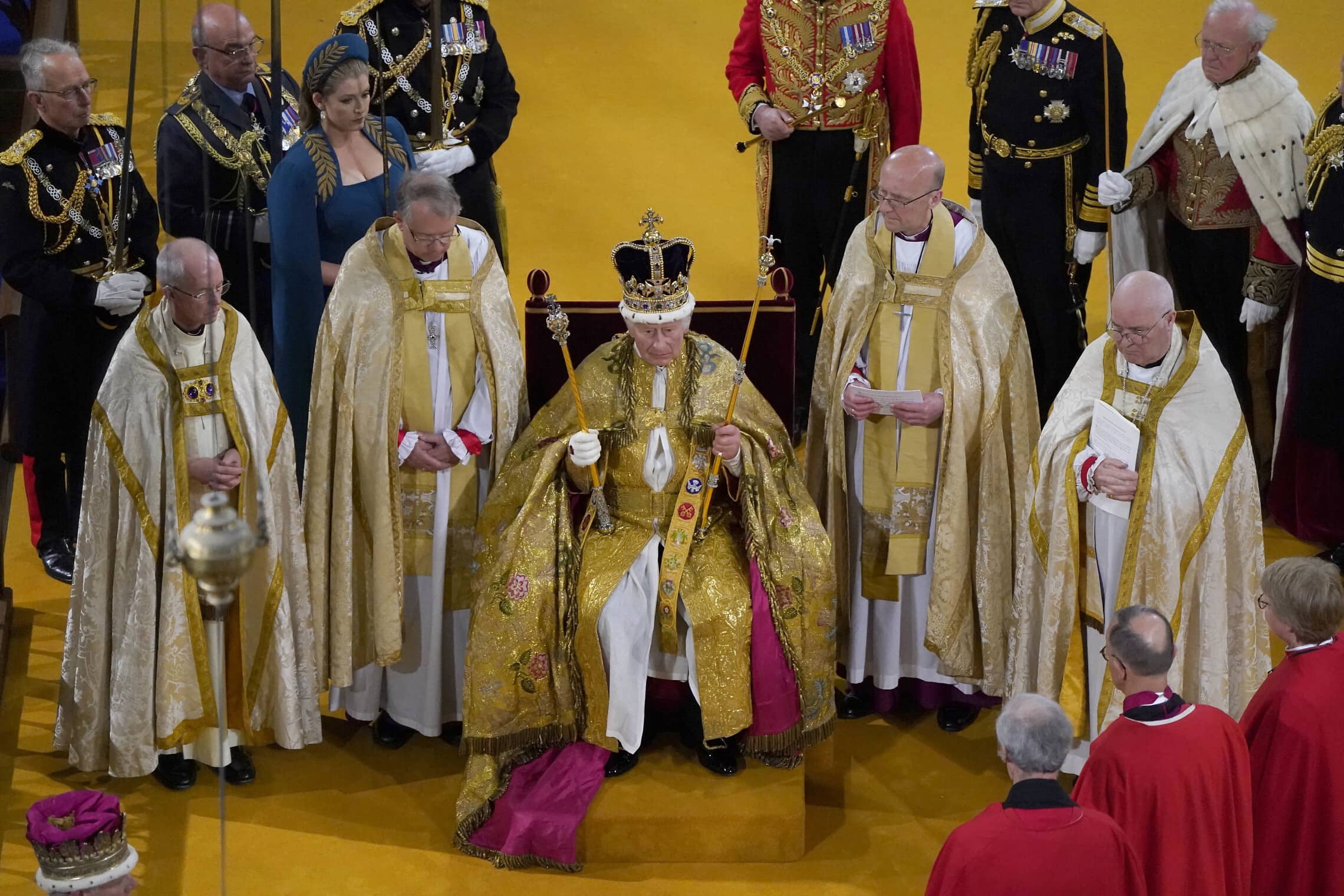 טקס ההכתרה של המלך צ'ארלס השלישי בכנסיית וסטמינסטר, 6 במאי 2023 (צילום: Andrew Matthews/Pool via AP)