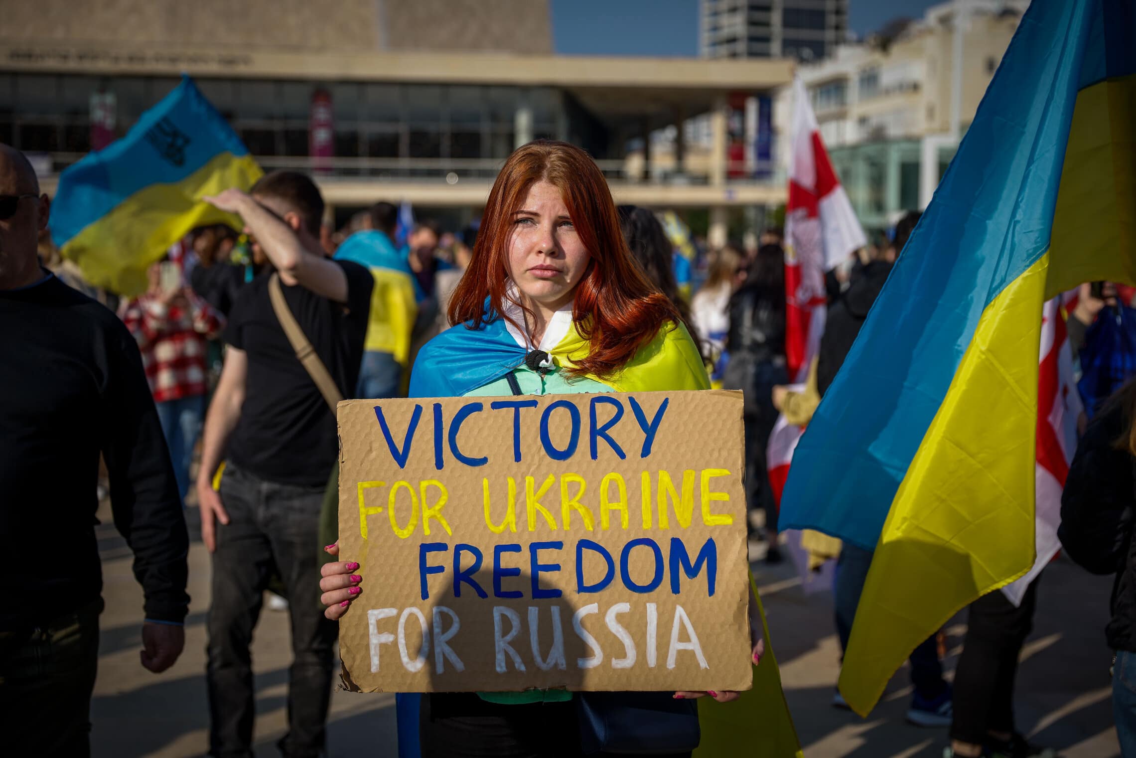 מחאה בתל אביב לציון שנה למלחמה באוקראינה, 24 בפברואר 2023 (צילום: Erik Marmor/Flash90)