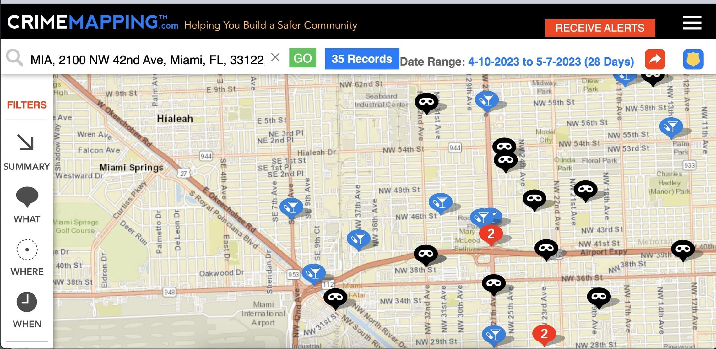 מפת פילוח פשיעה באזור מיאמי (צילום: Crime Mapping)