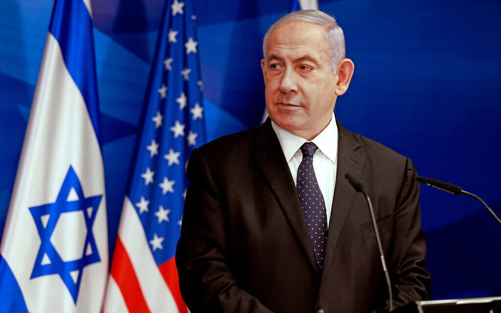 ראש הממשלה בנימין נתניהו במסיבת עיתונאים עם שר החוץ האמריקאי אנתוני בלינקן בירושלים, 25 במאי 2021 (צילום: Menahem Kahana/Pool Photo via AP)