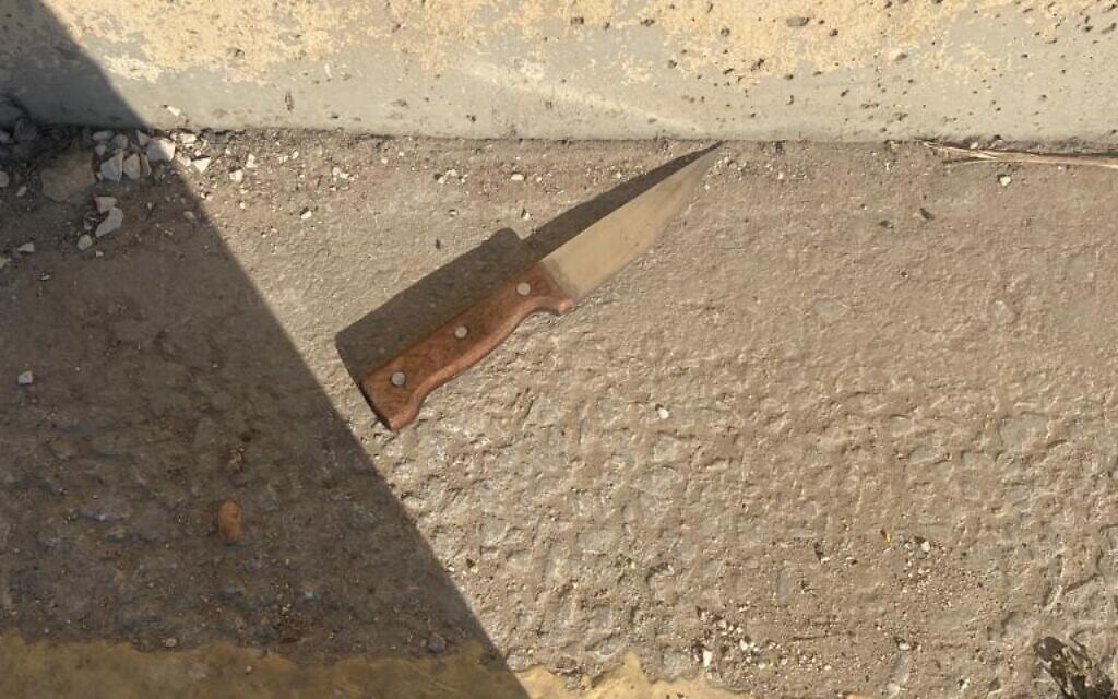 סכין ששימשה מחבל בפיגוע שסוכל במעבר גלבוע. 22 ביולי 2023 (צילום: דוברות משרד הביטחון) סכין ששימשה מחבל בפיגוע שסוכל במעבר גלבוע. 22 ביולי 2023 (צילום: דוברות משרד הביטחון)