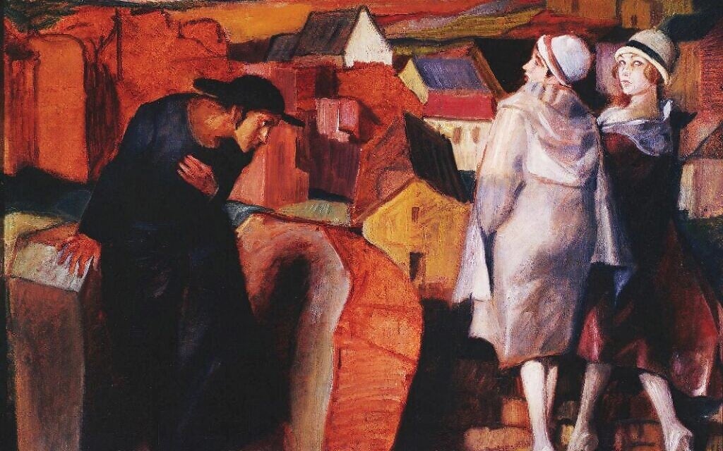 ברונו שולץ, "מפגש: גבר יהודי צעיר ושתי נשים בסמטה עירונית", 1920, שמן על קרטון (צילום: המוזיאון לספרות ע"ש אדם מיצקביץ', ורשה)