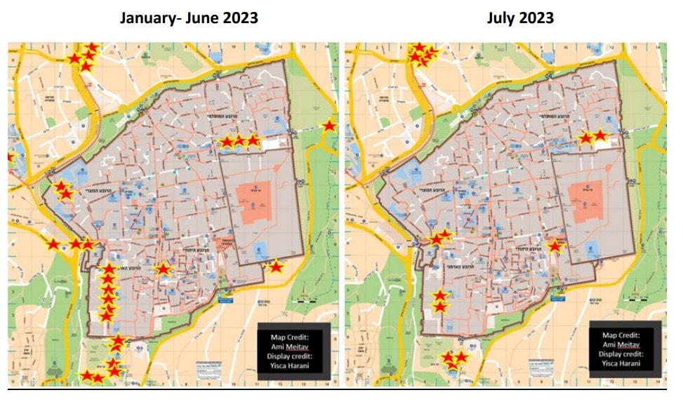 מפה של תקיפות נוצרים בירושלים. יולי 2023 (צילום: צילום מסך מתוך Religious Freedom Data Center)