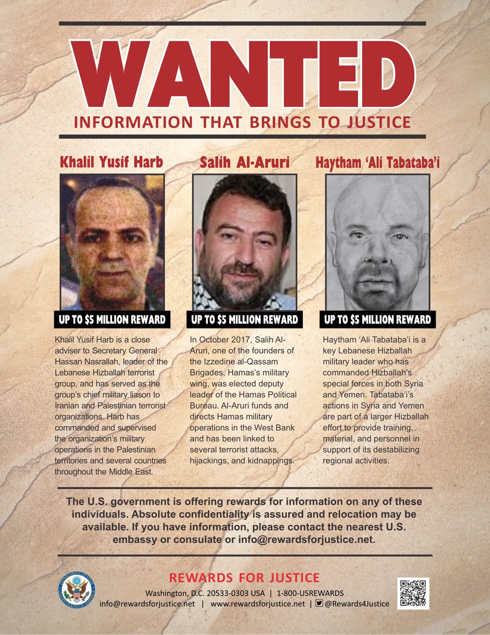 פוסטר של מבוקשים על ידי שלטונות ארה&quot;ב: פרס של 5 מיליון דולר למי שיביא למעצרו של סאלח אל-עארורי (במרכז)