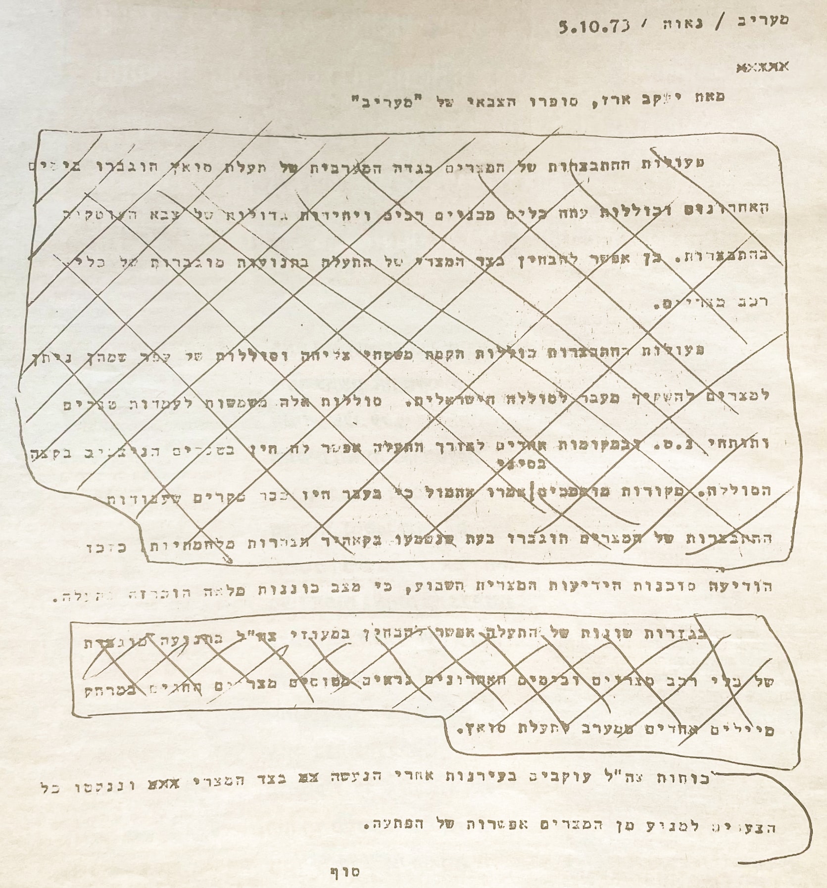 הידיעה ששלח יעקב ארז לצנזורה ערב מלחמת יום הכיפורים, 5 באוקטובר 1973
