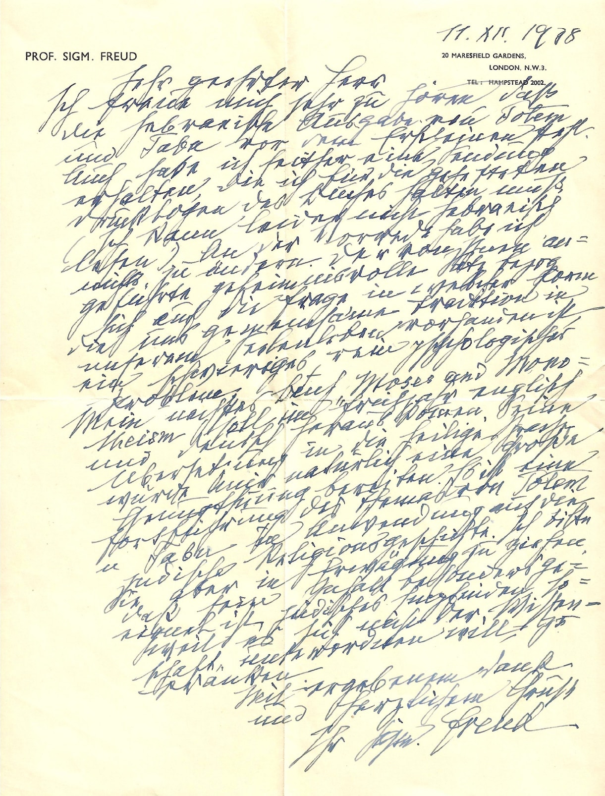 מכתבו של זיגמונד פרויד אל יהודה דביר ב-1938 (צילום: באדיבות המשפחה)