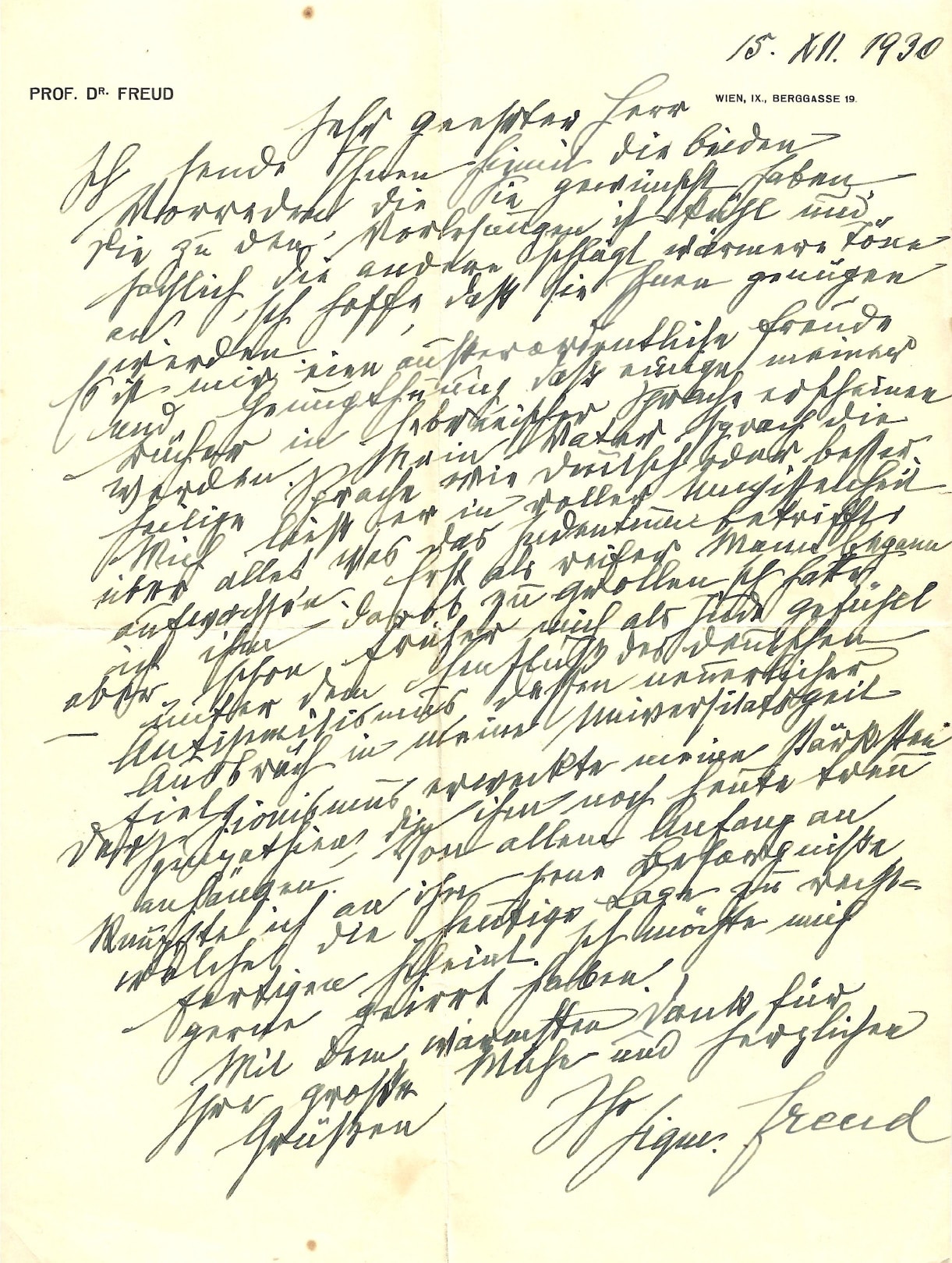 המכתב של זיגמונד פרויד אל יהודה דביר מדצמבר 1930 (צילום: באדיבות המשפחה)